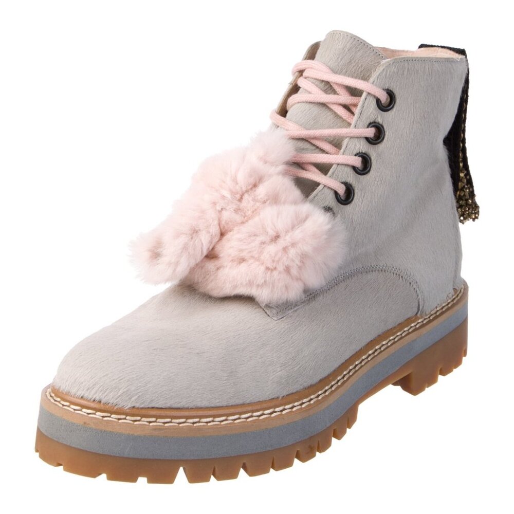 Mr & Mrs Italy Grey Ponyhair Combat Boots with Real Fur Laces